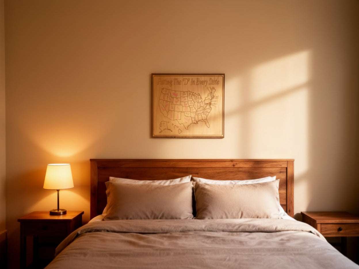 23x29 handcrafted wooden U.S. map wall art displayed above a bed for size reference.